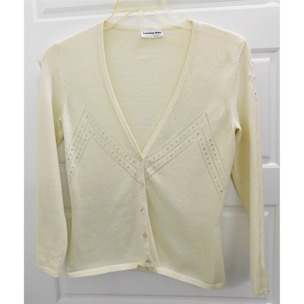 Mugler Ivory Knit‎ Jeweled Short Sleeve Sweater sz XL